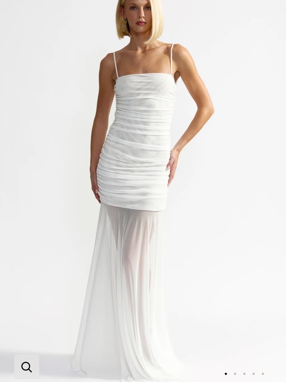 White Sheer Overlay Ruched Wedding Dress with Spaghetti Straps